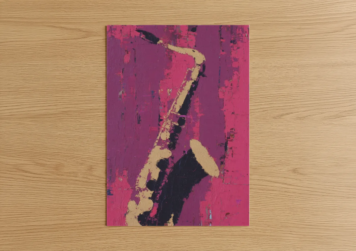 Saxophone art print on warm oak wood — magenta and cream palette — Pink Saxophonist poster