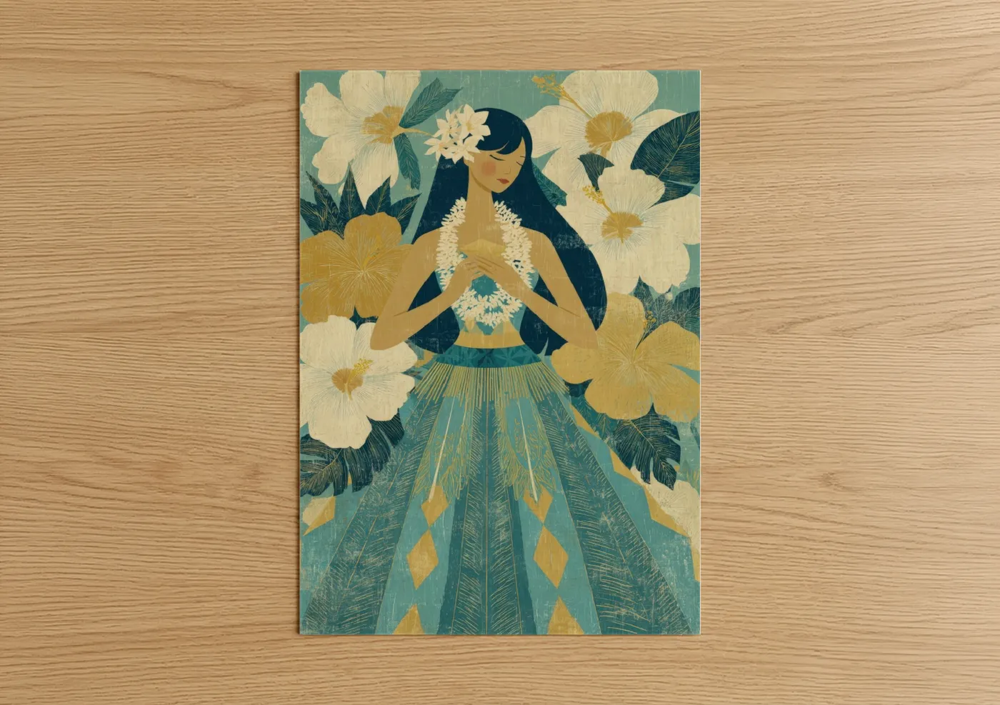 Tropical Hula Dancer Art Deco Illustration Wall Art