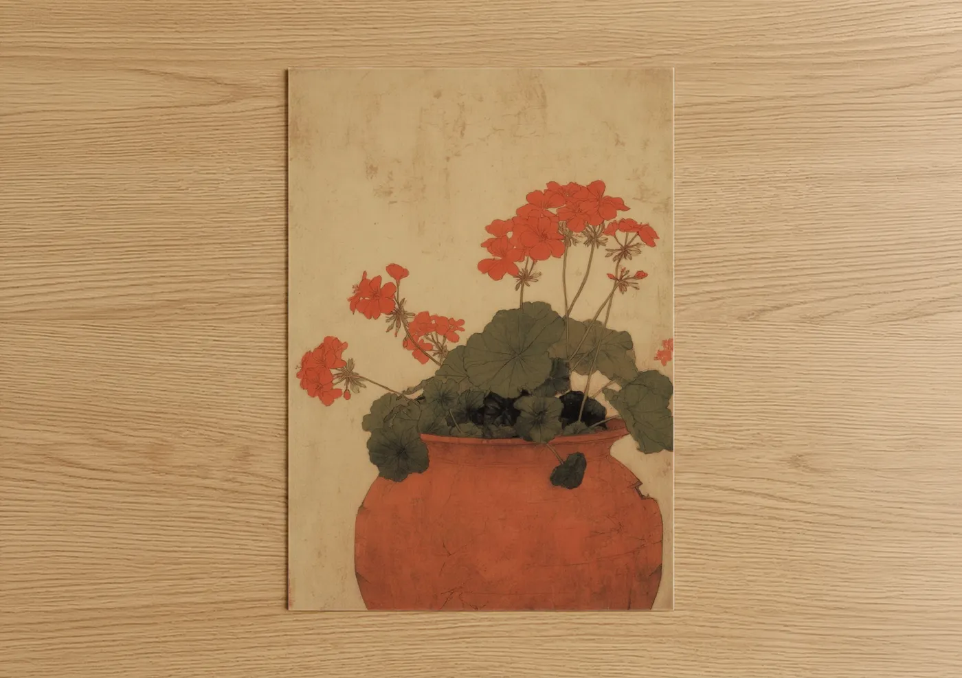 Pottery art print on warm oak wood — red and olive palette — Potted Geranium poster