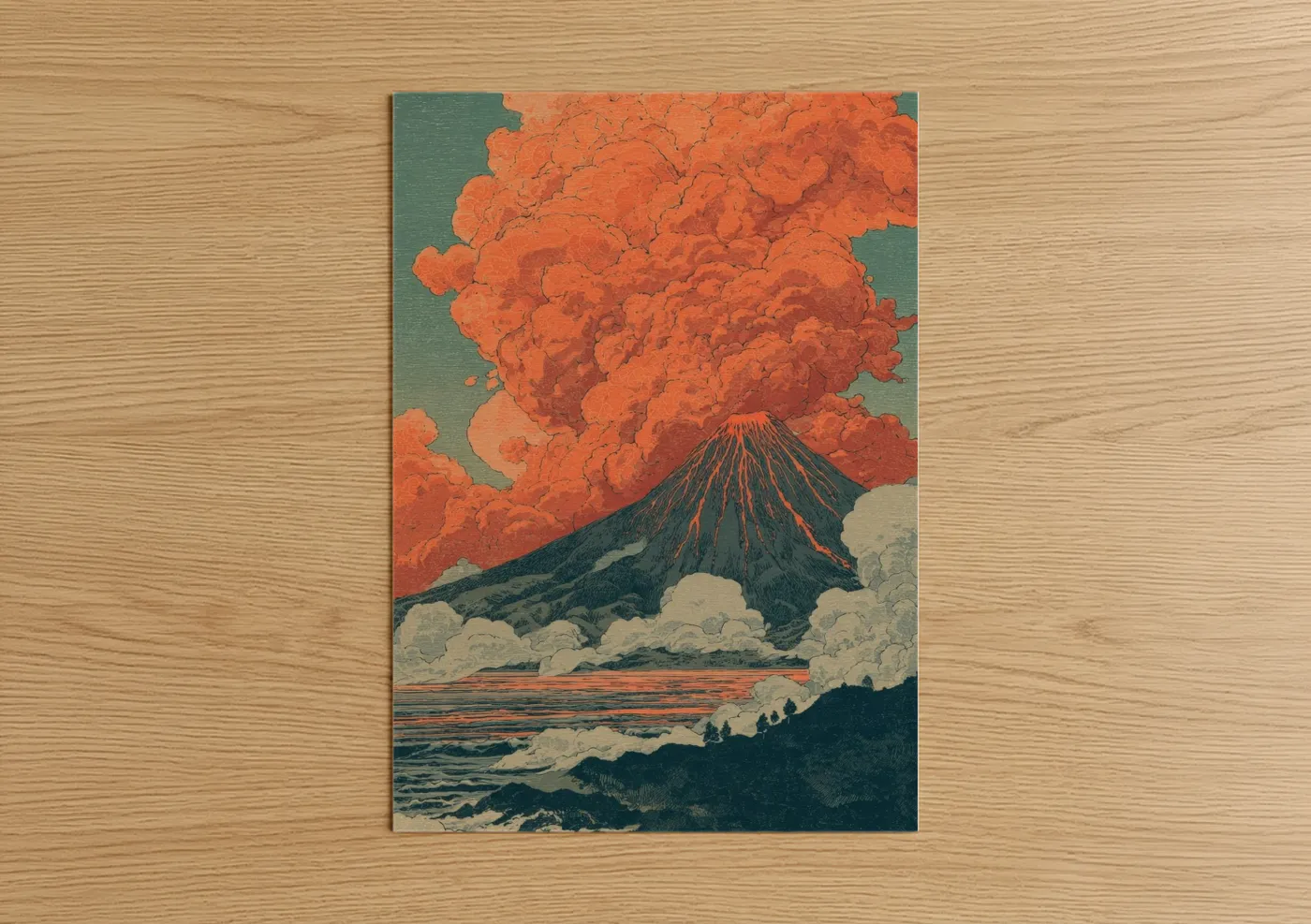 Mount Fuji Volcano Red Sky Woodblock Wall Art