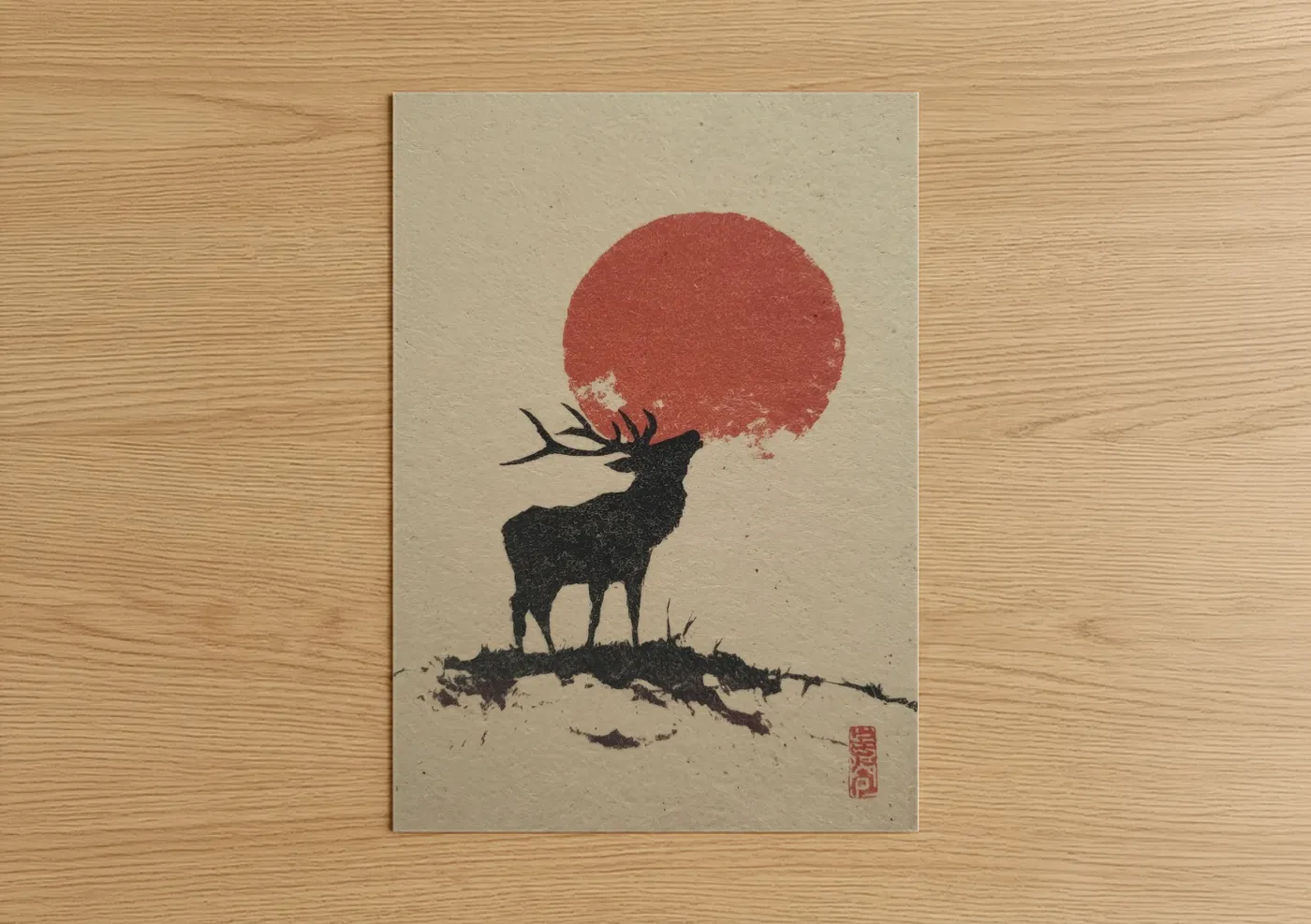 Art print on warm oak wood — cream and red palette — Crimson Moon Elk poster