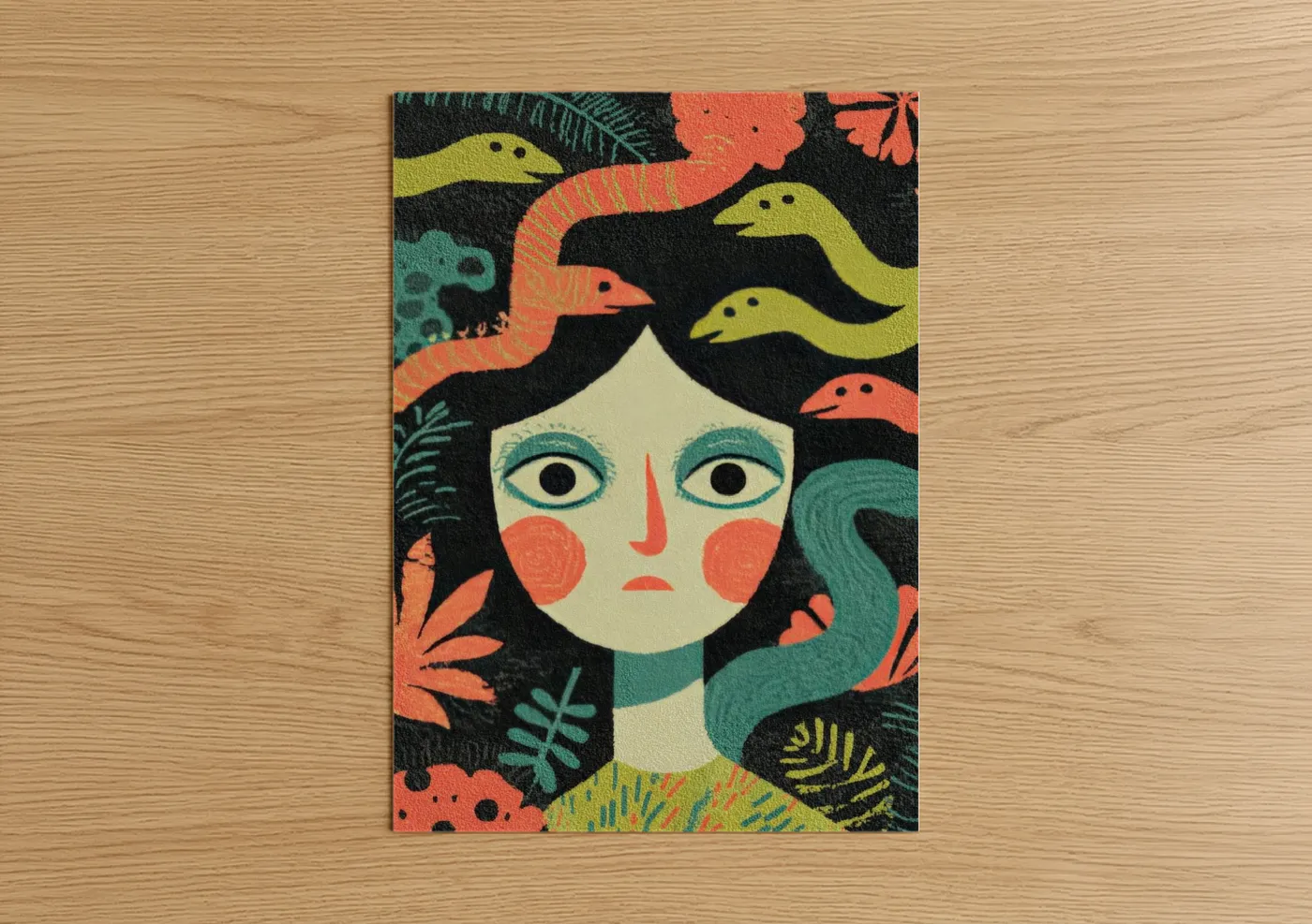 Art print on warm oak wood — orange and lime green palette — Serpent Medusa poster