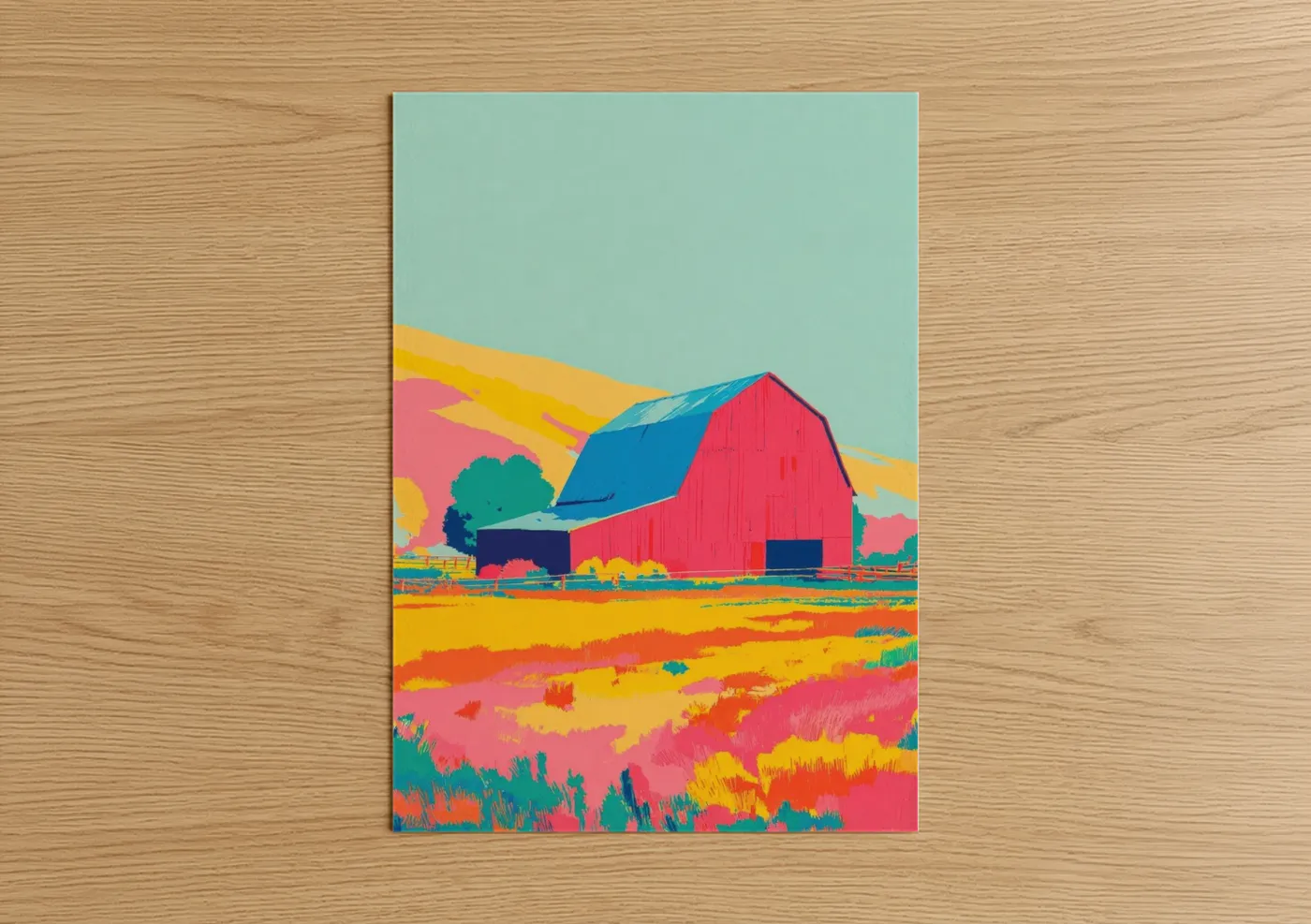 Art print on warm oak wood — magenta and yellow gold palette — Crimson Barn Landscape poster