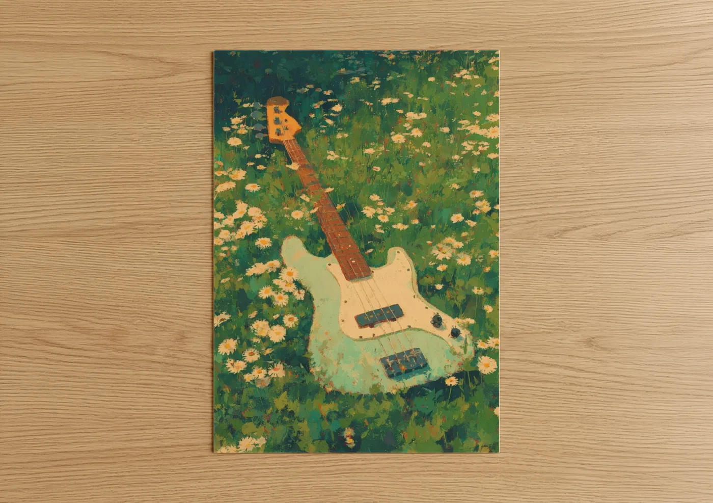 Art print on warm oak wood — green and yellow gold palette — Meadow Bass Guitar poster