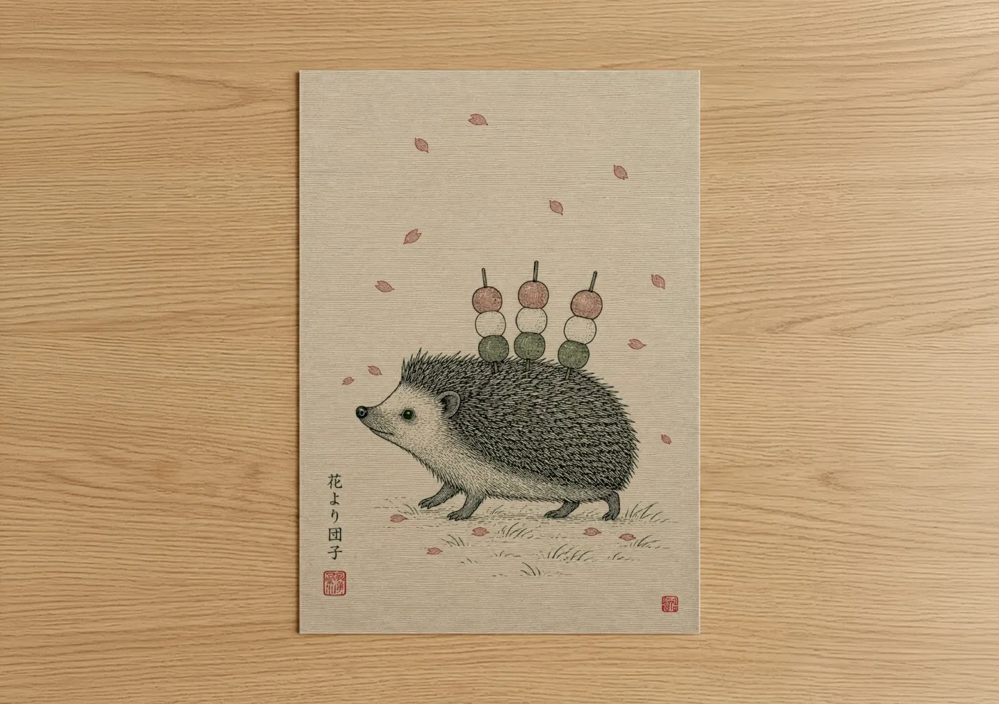Art print on warm oak wood — beige and sage green palette — Hedgehog Autumn Leaves Japanese Wall Art poster