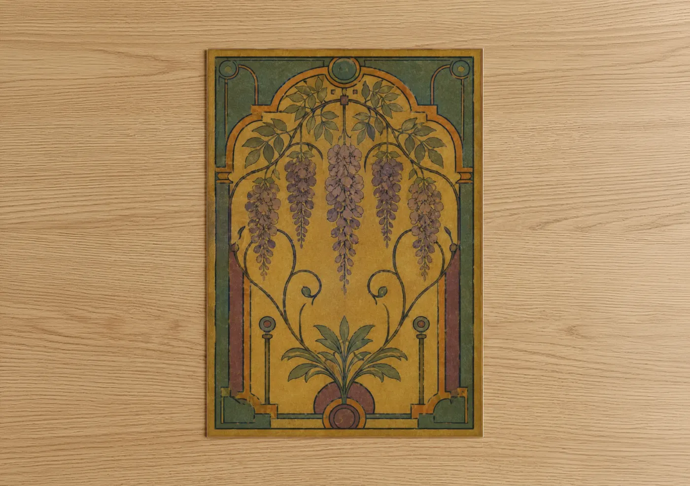 Art print on warm oak wood — gold and lavender palette — Art Deco Wisteria Botanical Wall Art poster
