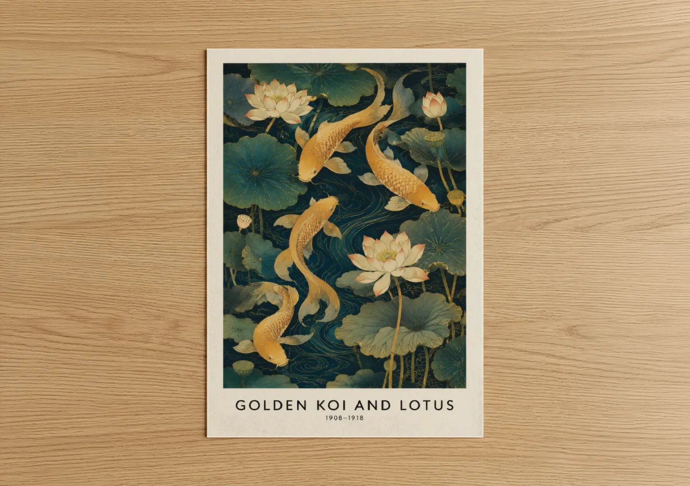 Art print on warm oak wood — gold and dark green palette — Golden Koi Fish and Lotus Wall Art poster