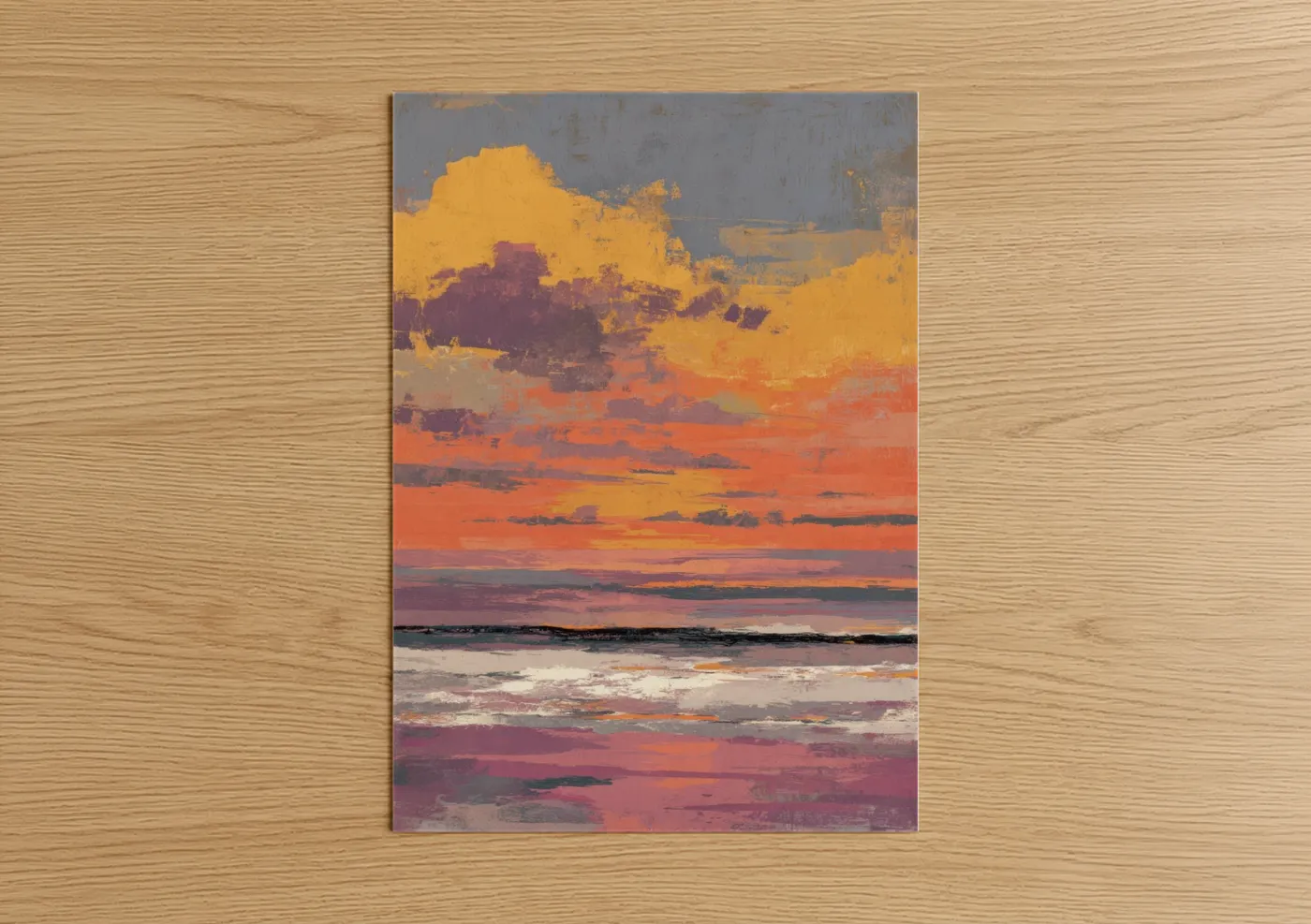 Summer art print on warm oak wood — gold and orange palette — Golden Sunset poster