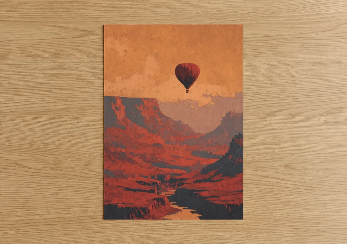Hot air baloon art print on warm oak wood — orange and red palette — Desert Balloon poster
