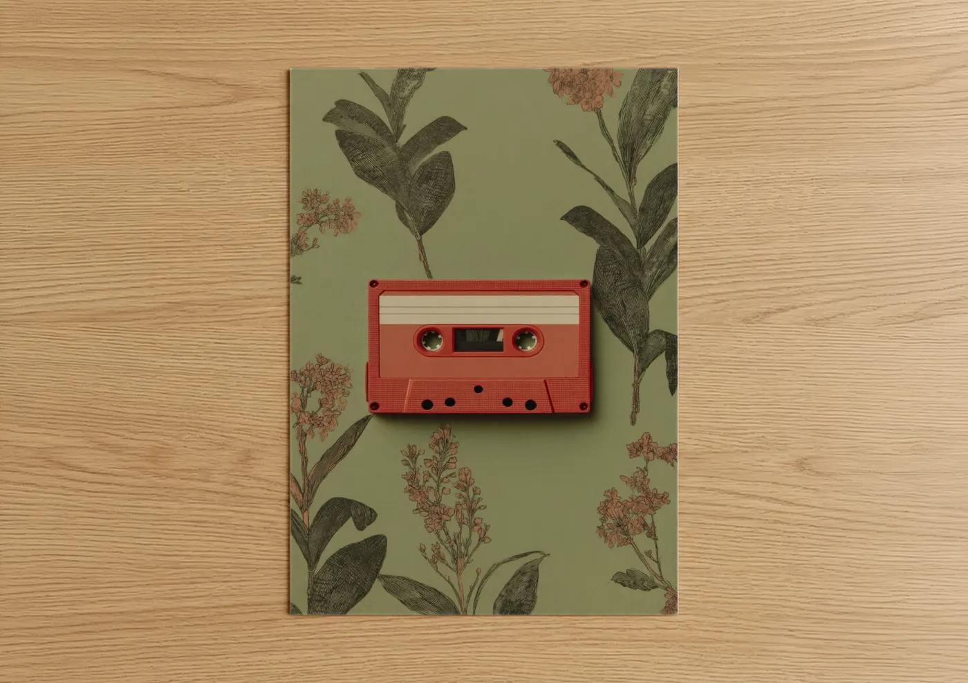 Casette art print on warm oak wood — sage green and salmon pink palette — Retro Cassette Botanicals poster