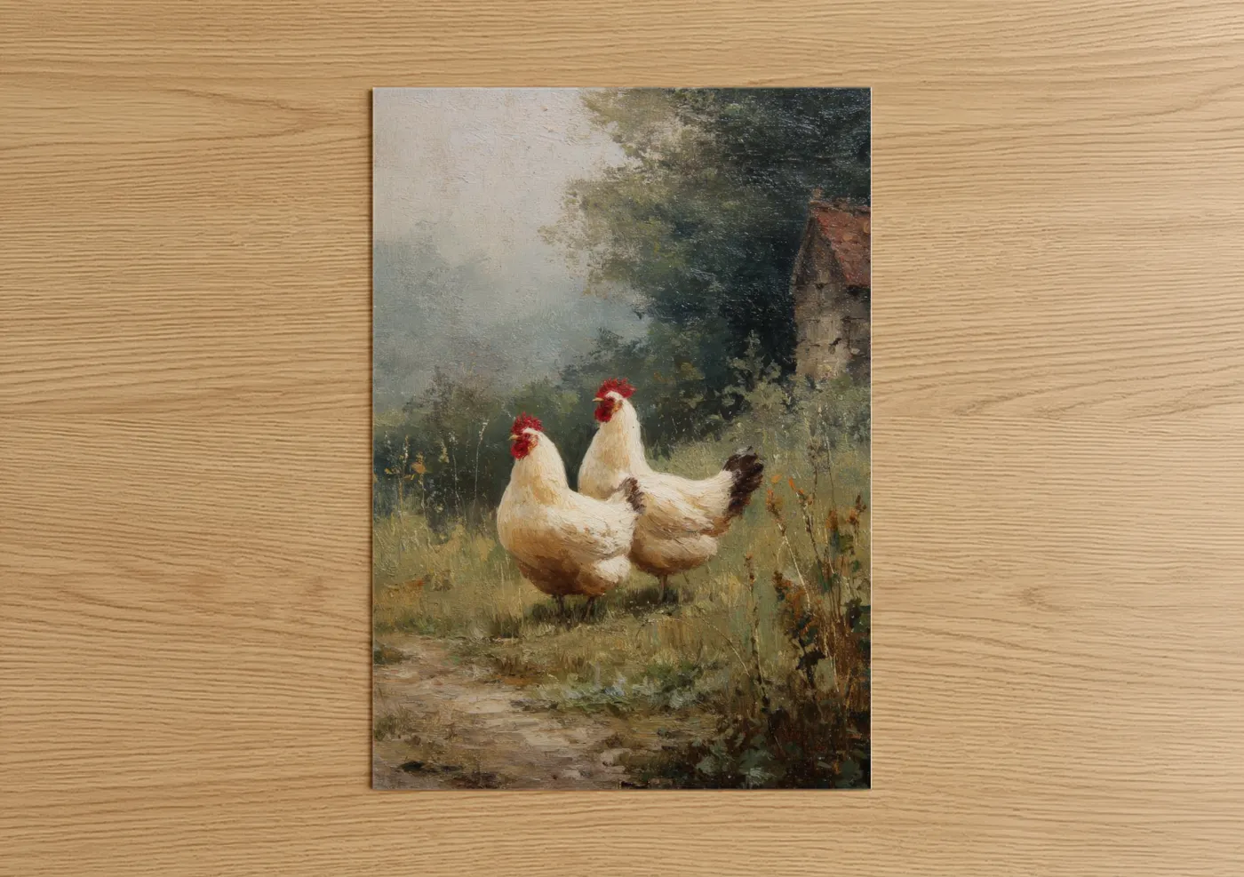 Rustic Farmyard Rooster Pair Painting Wall Art