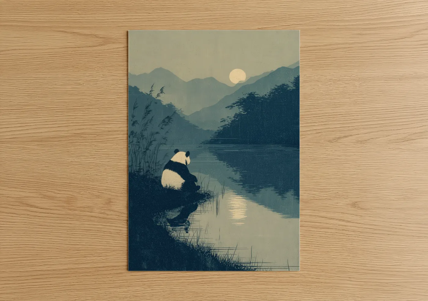 Panda Watching Moon Mountain Lake Wall Art
