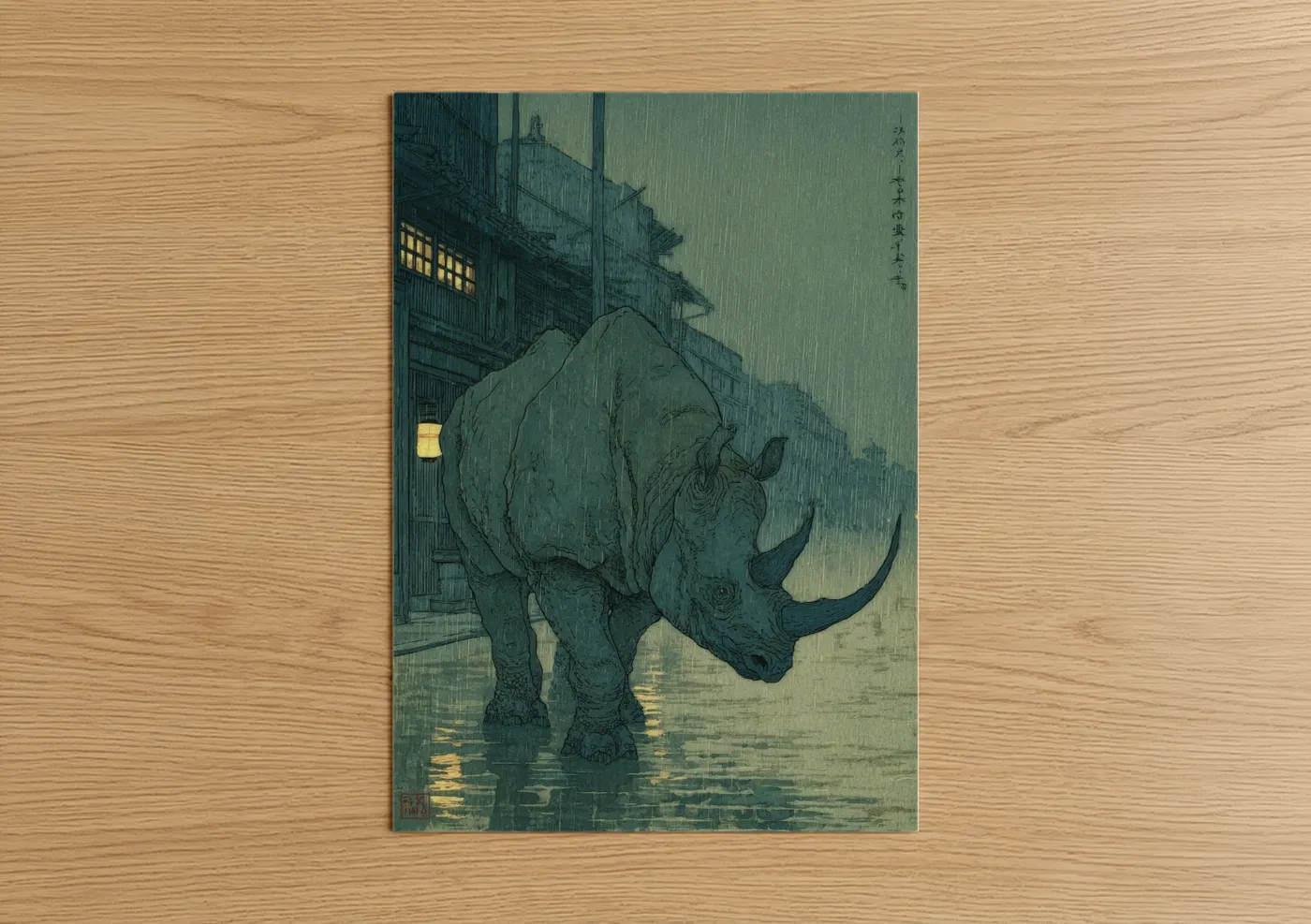 Art print on warm oak wood — dark blue and gold palette — Rainy Chimera poster