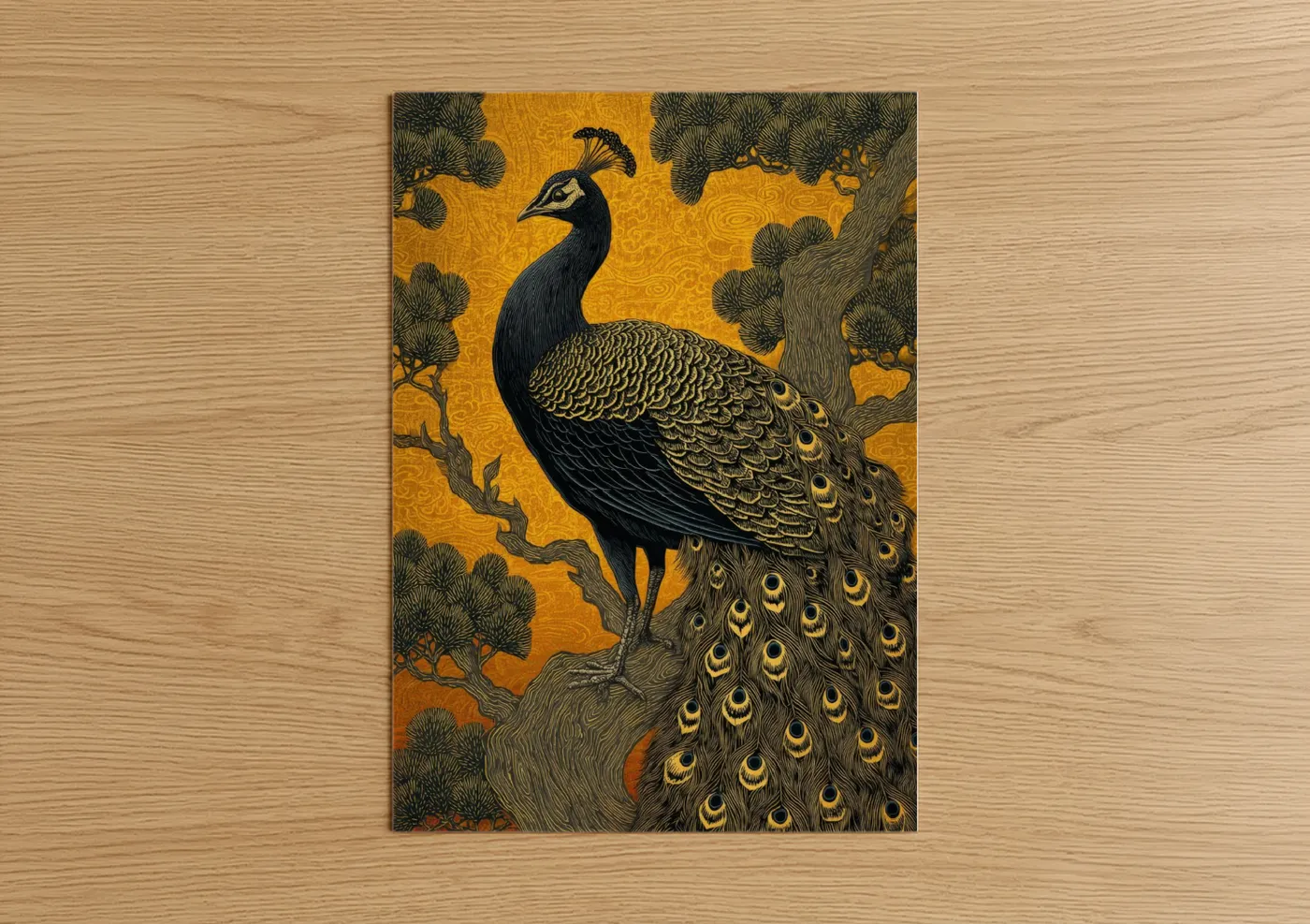 Camel art print on warm oak wood — gold and black palette — Golden Peacock poster