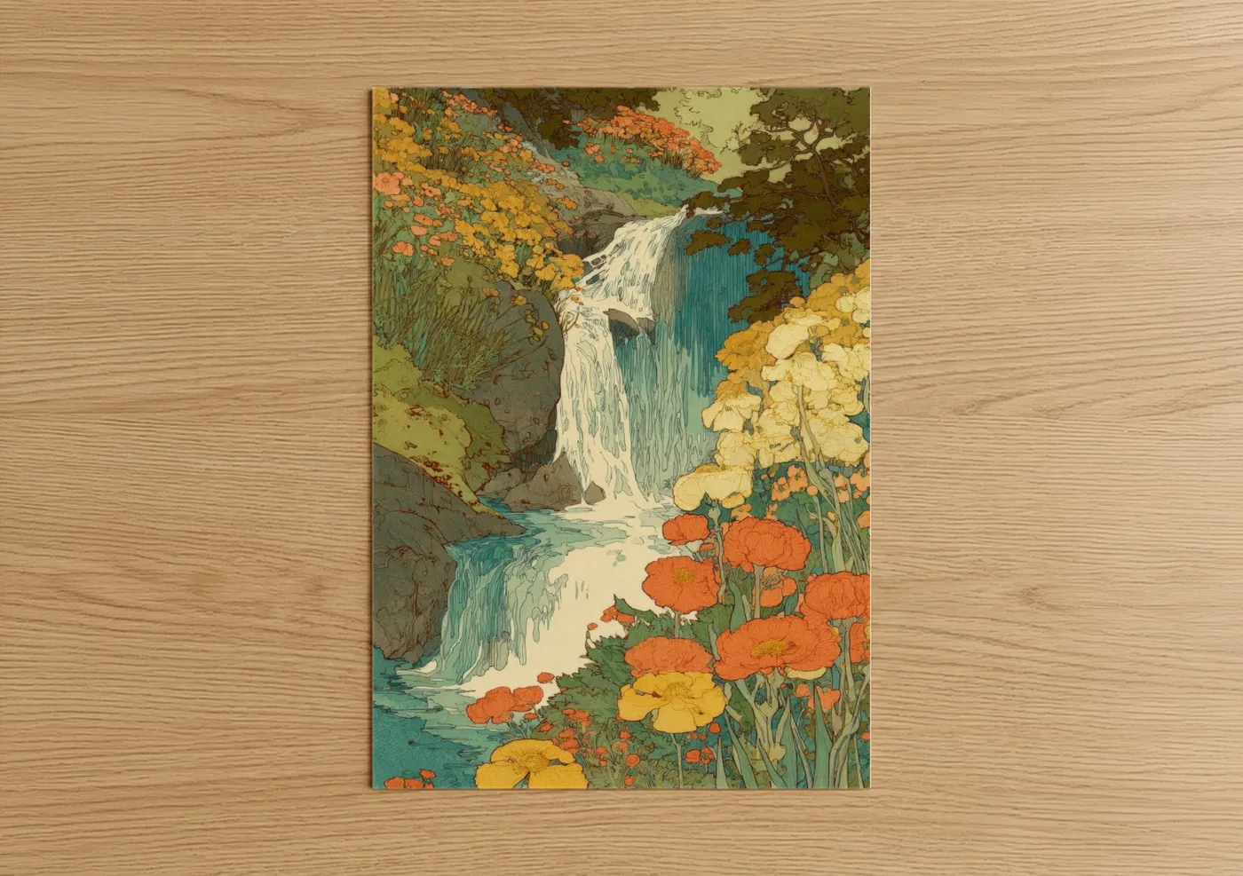 Autumn Waterfall with Wildflowers Wall Art