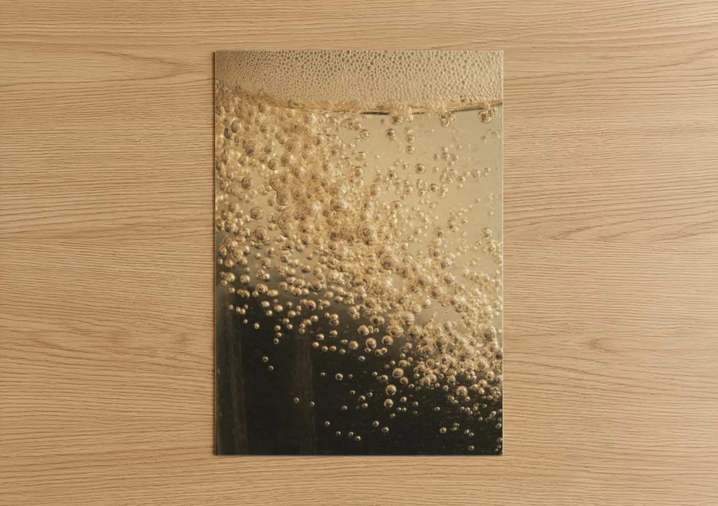 White wine art print on warm oak wood — gold and cream palette — Golden Bubbles poster