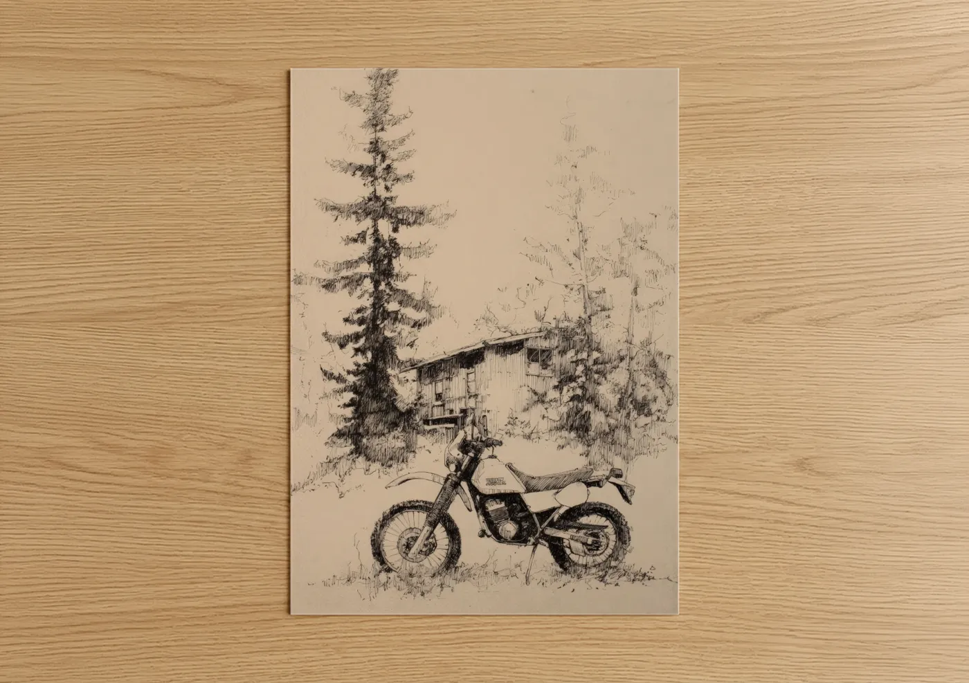 Vintage Motorcycle Forest Cabin Sketch Wall Art