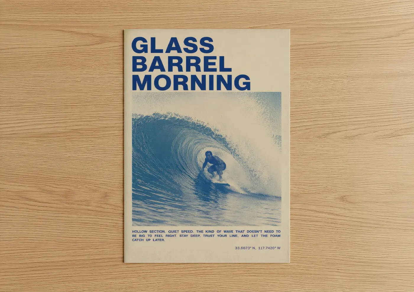 Surfing art print on warm oak wood — blue and beige palette — Vintage Surf Barrel Wave Wall Art poster