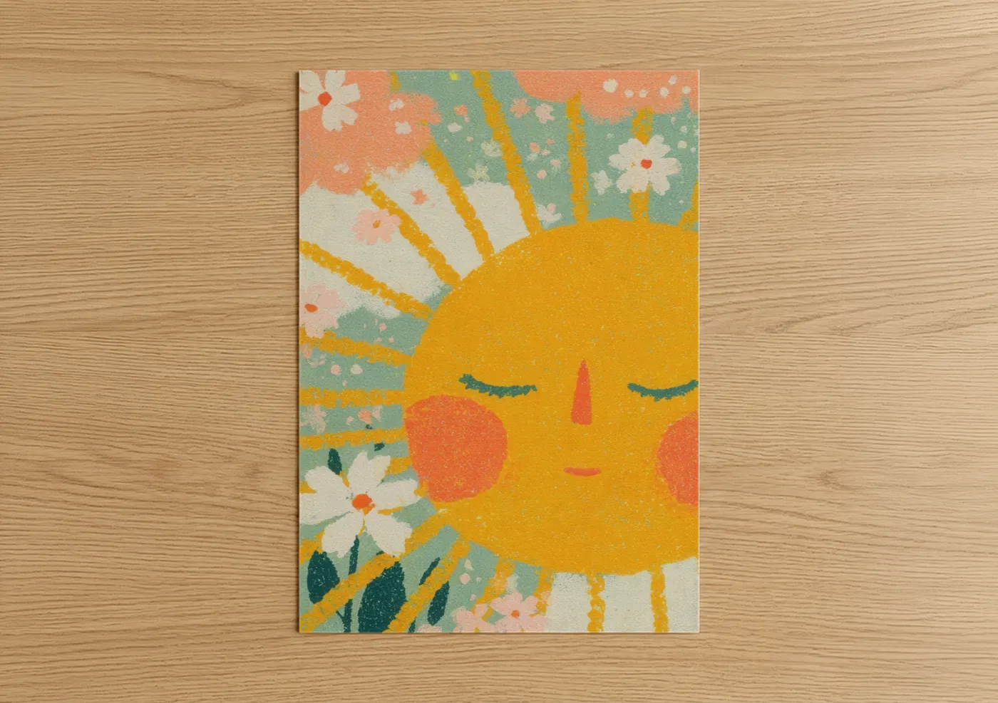 Cheerful Sun Face Floral Illustration Wall Art