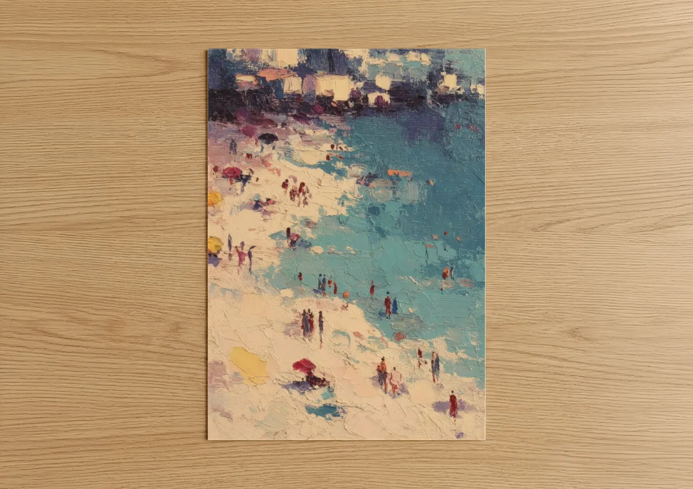Sandy beach art print on warm oak wood — cream and teal palette — Seaside Summer Crowd poster