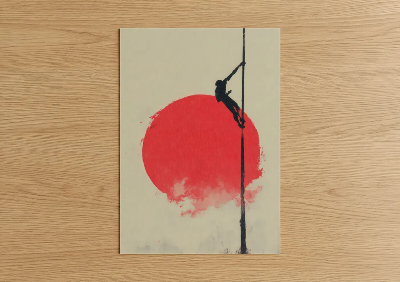 Track and field art print on warm oak wood — red and beige palette — Pole Vault Ascent poster