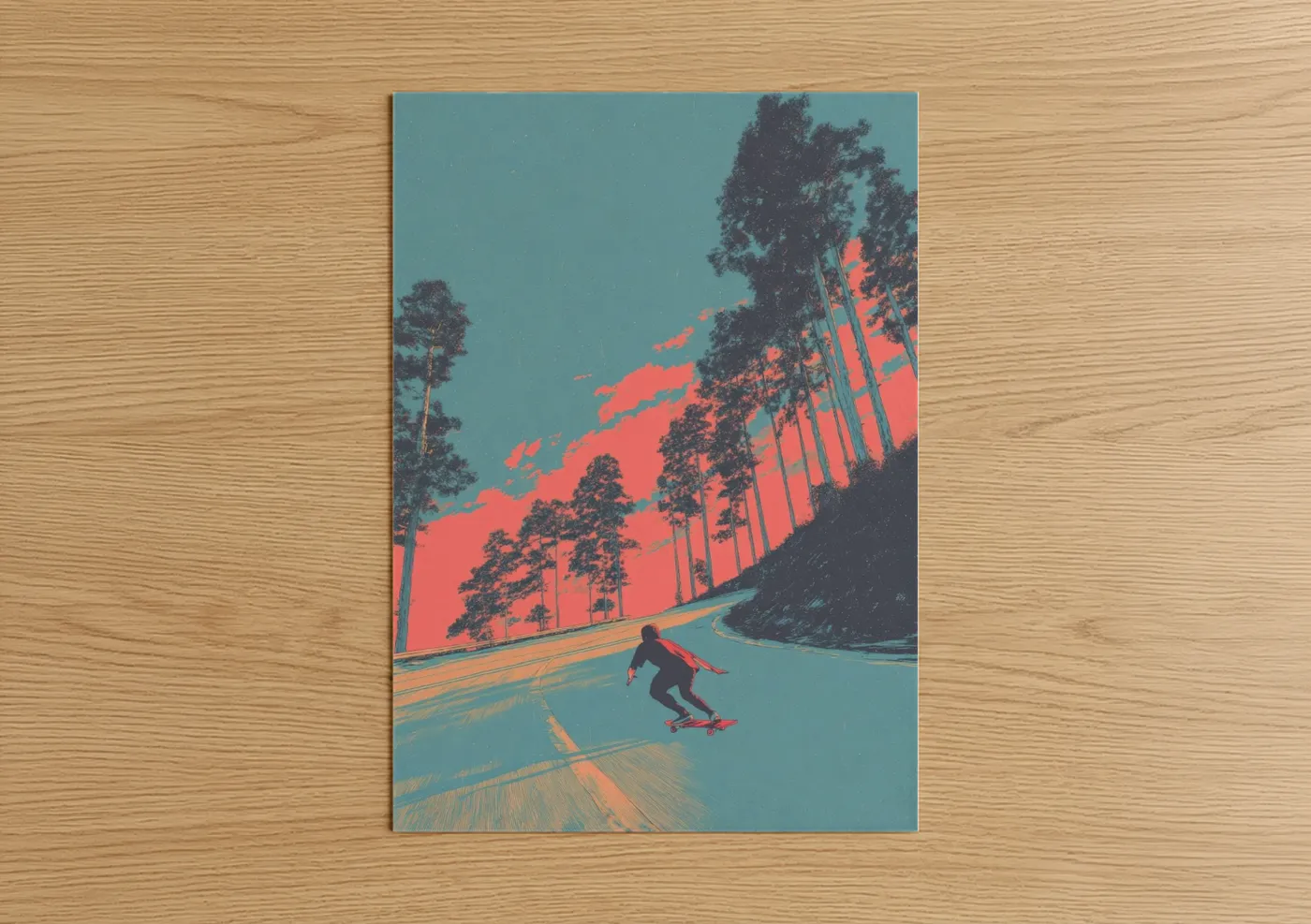 Neon Skateboarder Sunset Road Wall Art