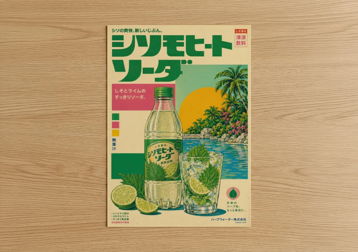 Vintage japanese ads art print on warm oak wood — green and beige palette — Vintage Japanese Soda Advertisement Wall Art poster