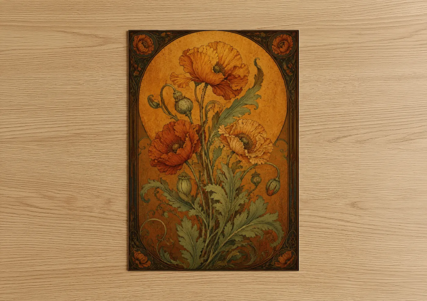 Art print on warm oak wood — orange and gold palette — Art Deco Poppies Wall Art poster