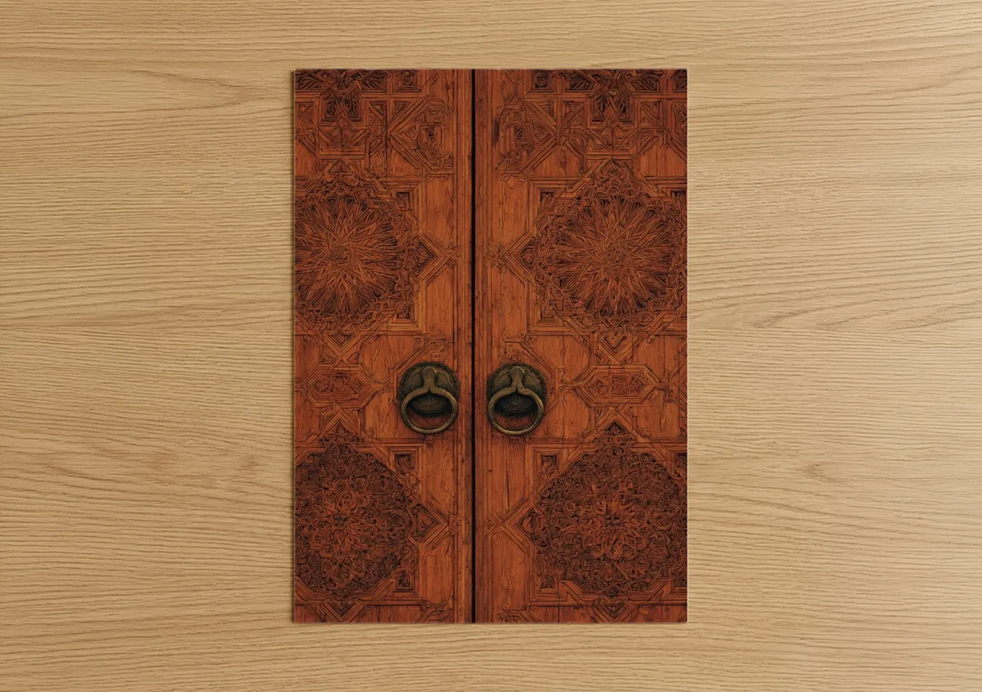 Art print on warm oak wood — russet and brown palette — Ornate Islamic Door poster