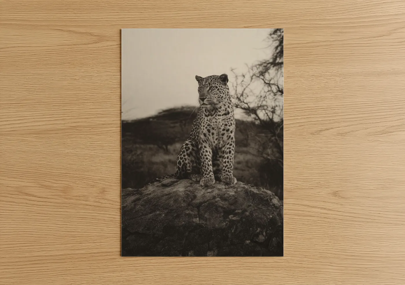 Art print on warm oak wood — black and white and gray palette — Stoic Leopard poster