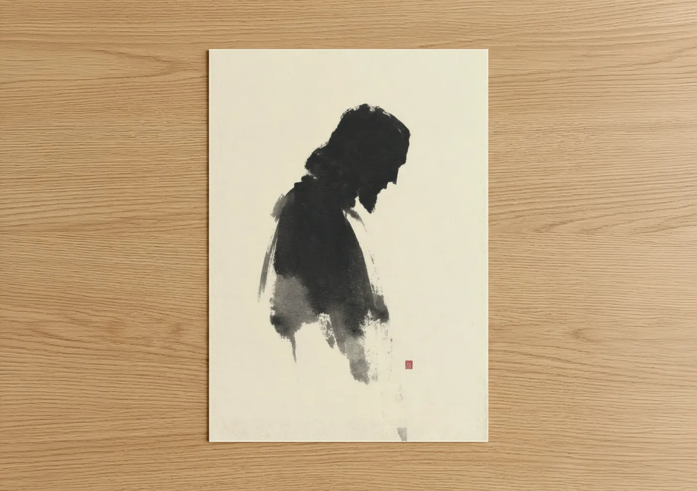 Jesus christ art print on warm oak wood — black and white and cream palette — Contemplative Christ poster