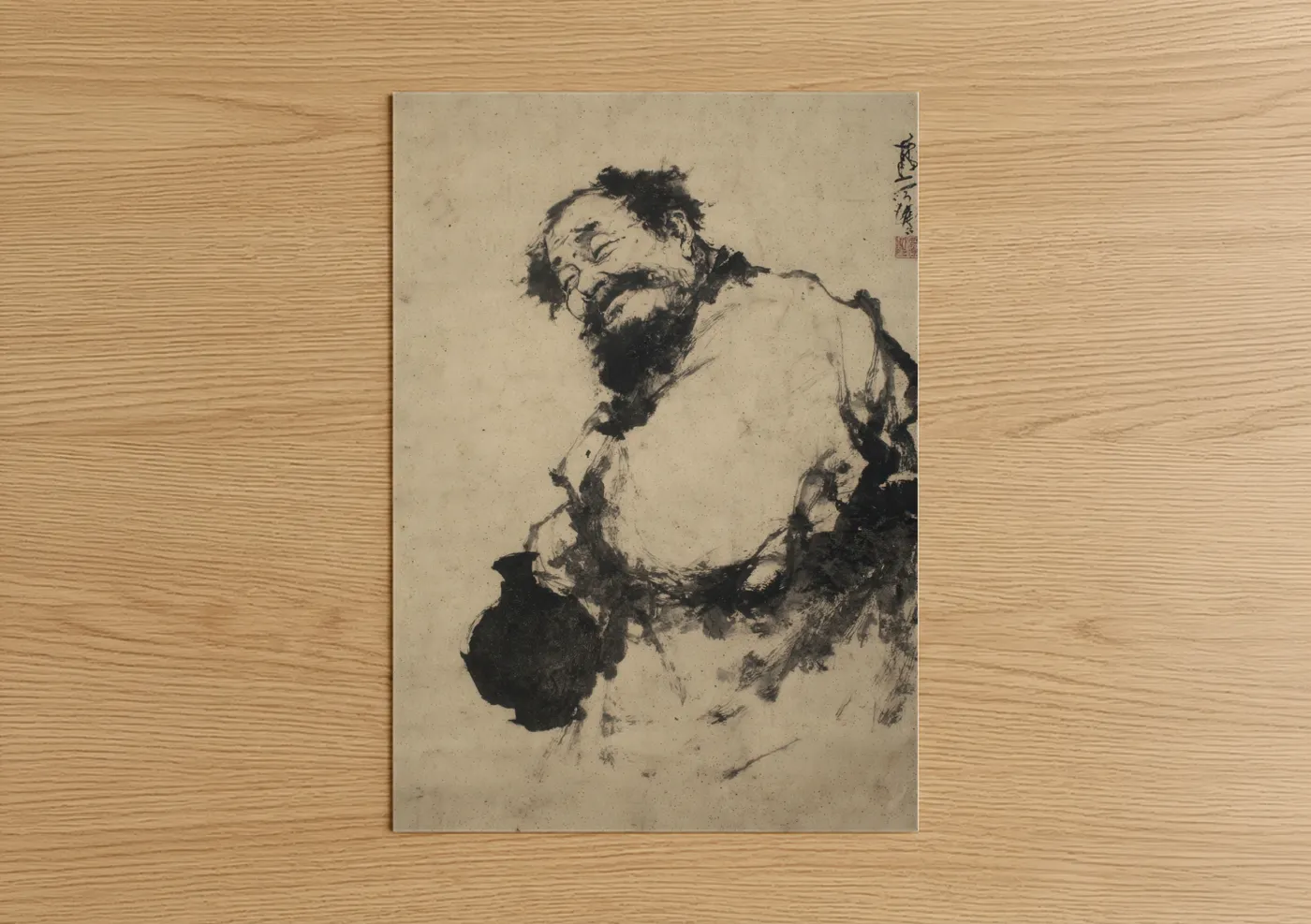 Kung fu art print on warm oak wood — black and white and cream palette — Contemplative Warrior poster