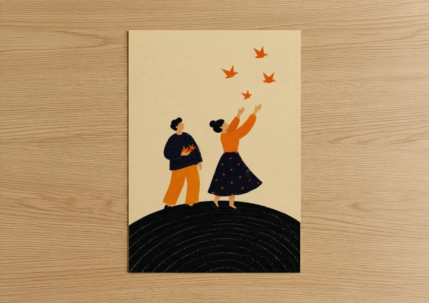 Art print on warm oak wood — orange and beige palette — Couple Watching Birds in Flight Wall Art poster
