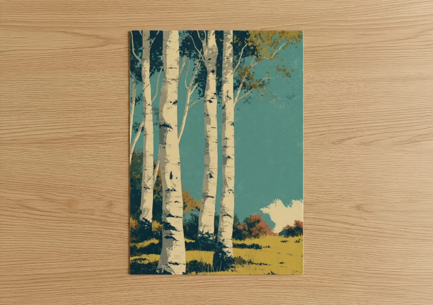 Birch tree art print on warm oak wood — teal and mustard palette — Birch Forest Serenity poster