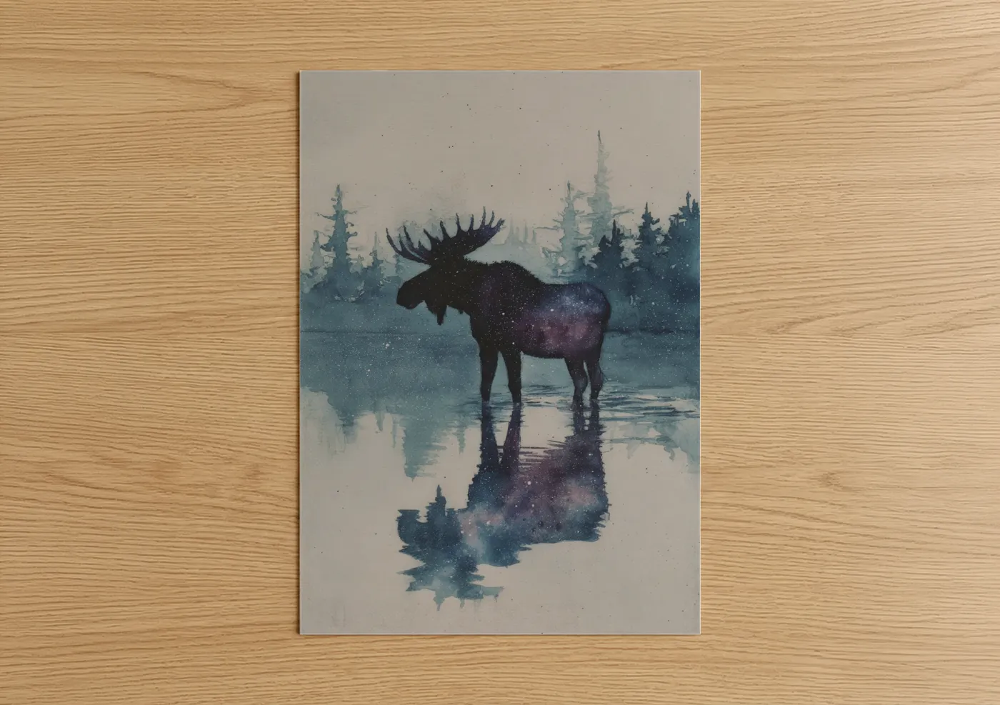 Art print on warm oak wood — blue and gray palette — Cosmic Moose poster