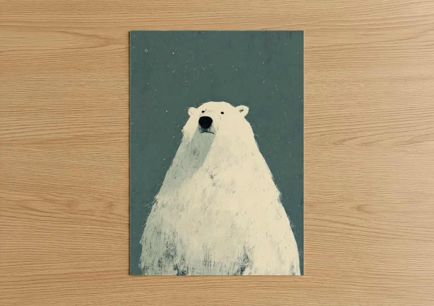 Art print on warm oak wood — white and gray palette — Snowy Polar Bear poster
