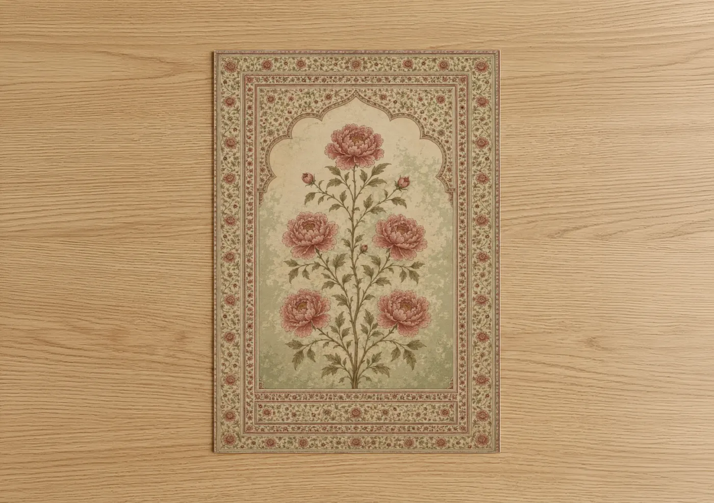 Art print on warm oak wood — beige and cream palette — Persian Peony Floral Wall Art poster