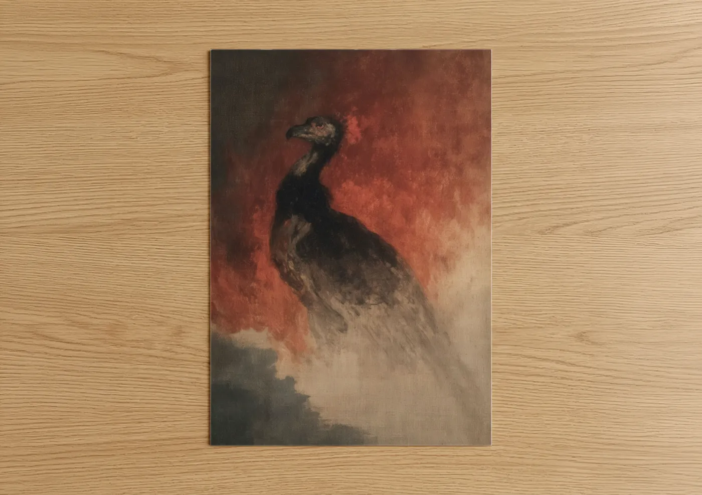 Art print on warm oak wood — russet and gold and white palette — Crimson Chimera poster