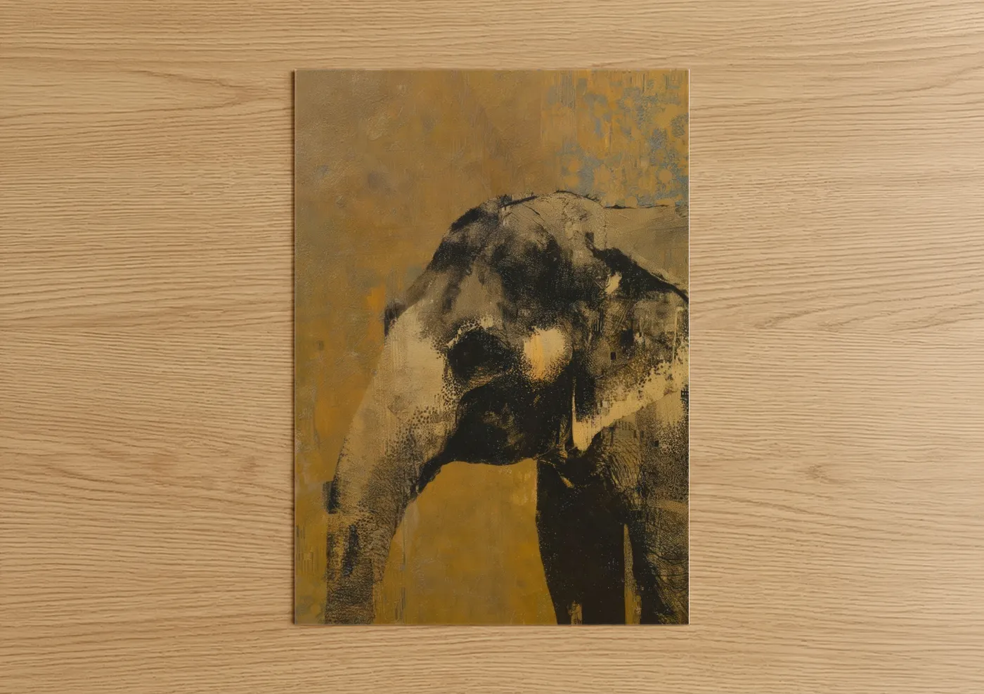 Asian elephant art print on warm oak wood — gold and black and white palette — Golden Elephant poster