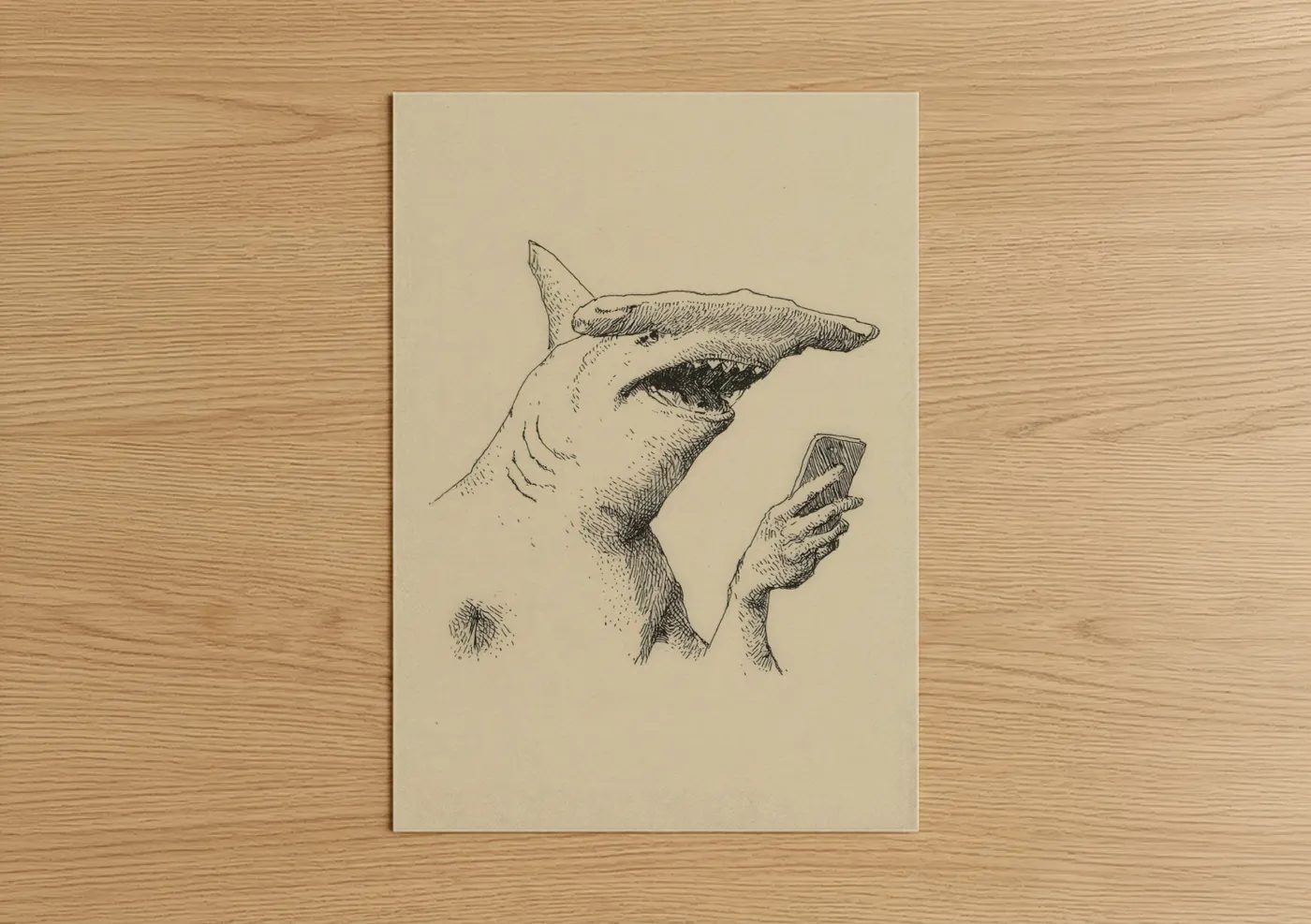Hammerhead shark art print on warm oak wood — black and white palette — Curious Hammerhead poster