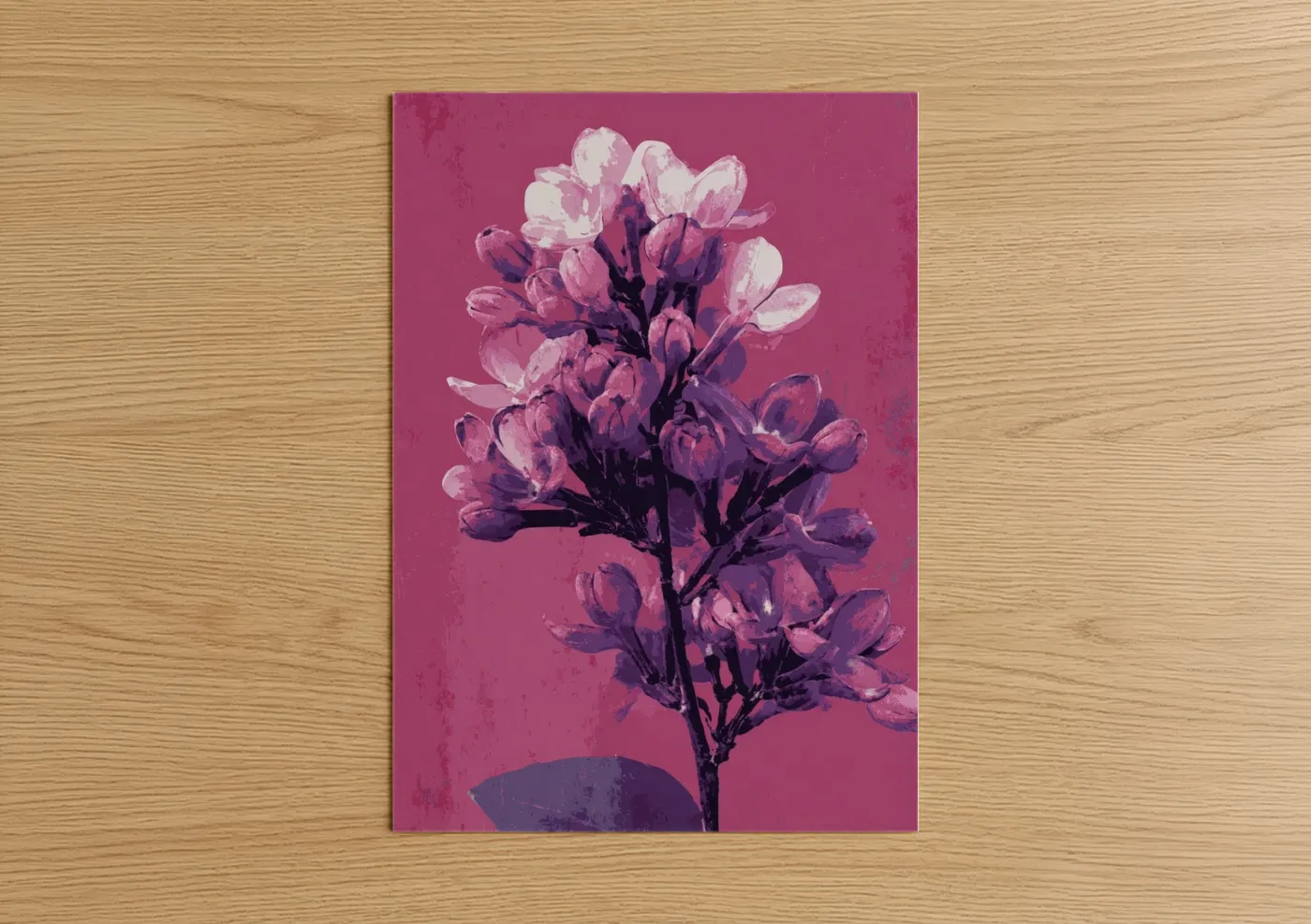 Art print on warm oak wood — magenta and purple palette — Magenta Lilac Cluster poster