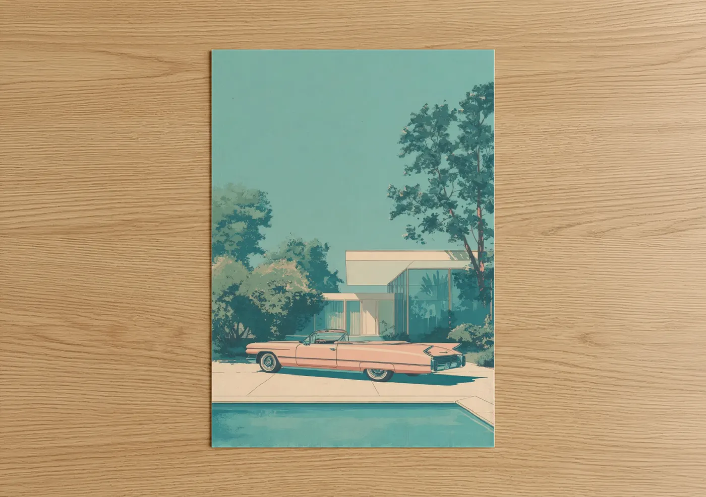 Classic car art print on warm oak wood — turquoise and peach palette — Poolside Cadillac poster