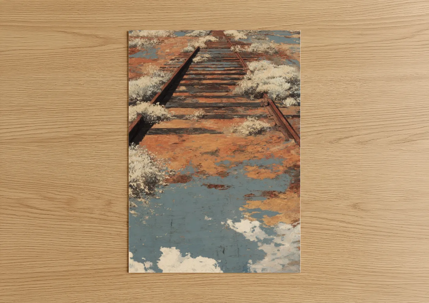 Train tracks art print on warm oak wood — russet and blue and gray palette — Abandoned Railway poster
