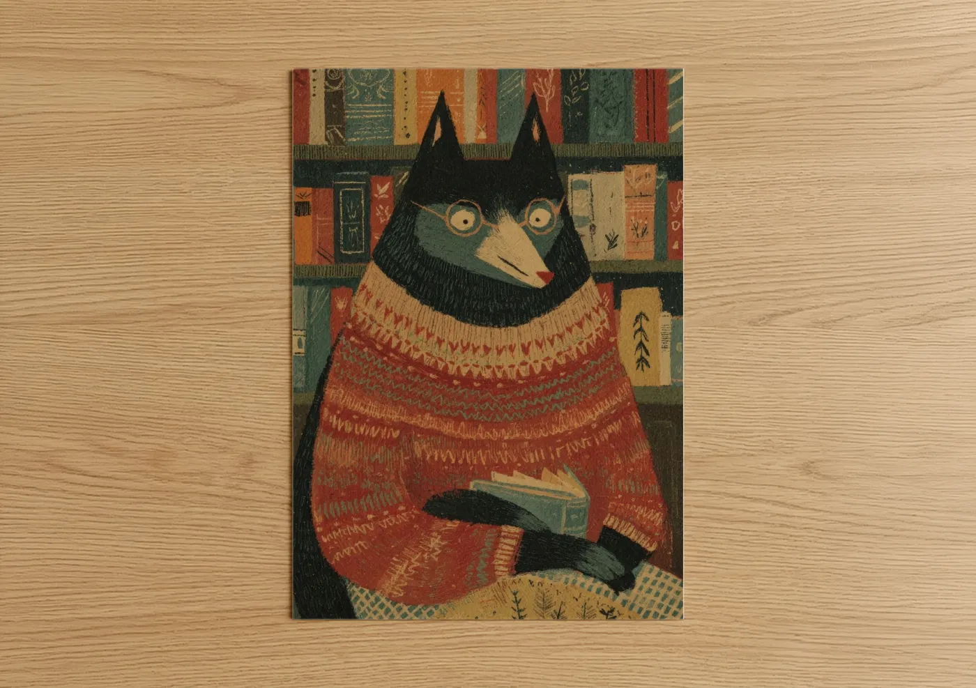 Art print on warm oak wood — dark green palette — Cozy Reading Wolf poster