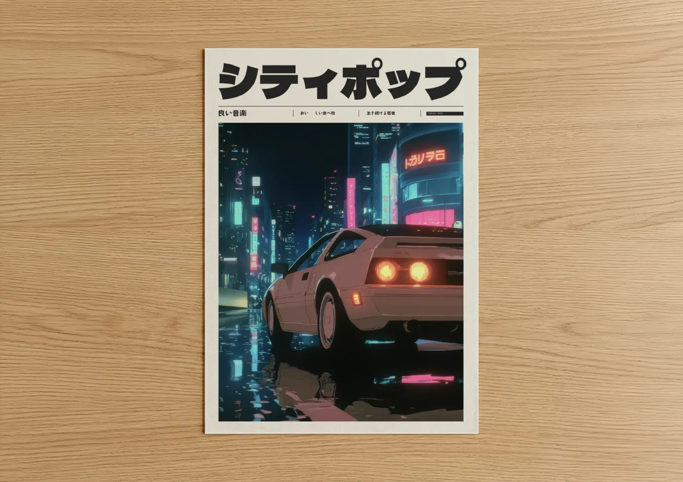 Anime and manga art print on warm oak wood — blue and magenta palette — Neon Drift Night poster