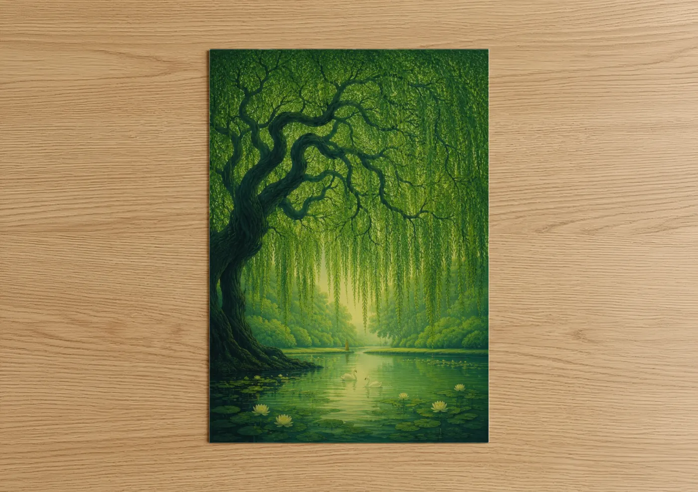 Art print on warm oak wood — true green and lime green palette — Tranquil Willow Tree Swan Lake Wall Art poster