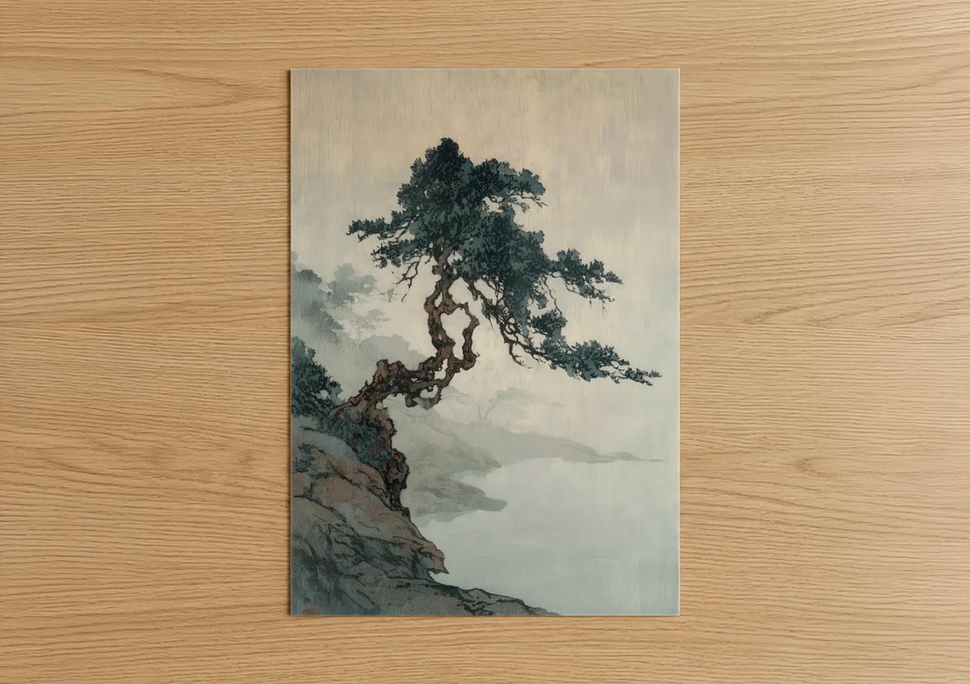Art print on warm oak wood — sage green and gray palette — Misty Juniper Tree poster