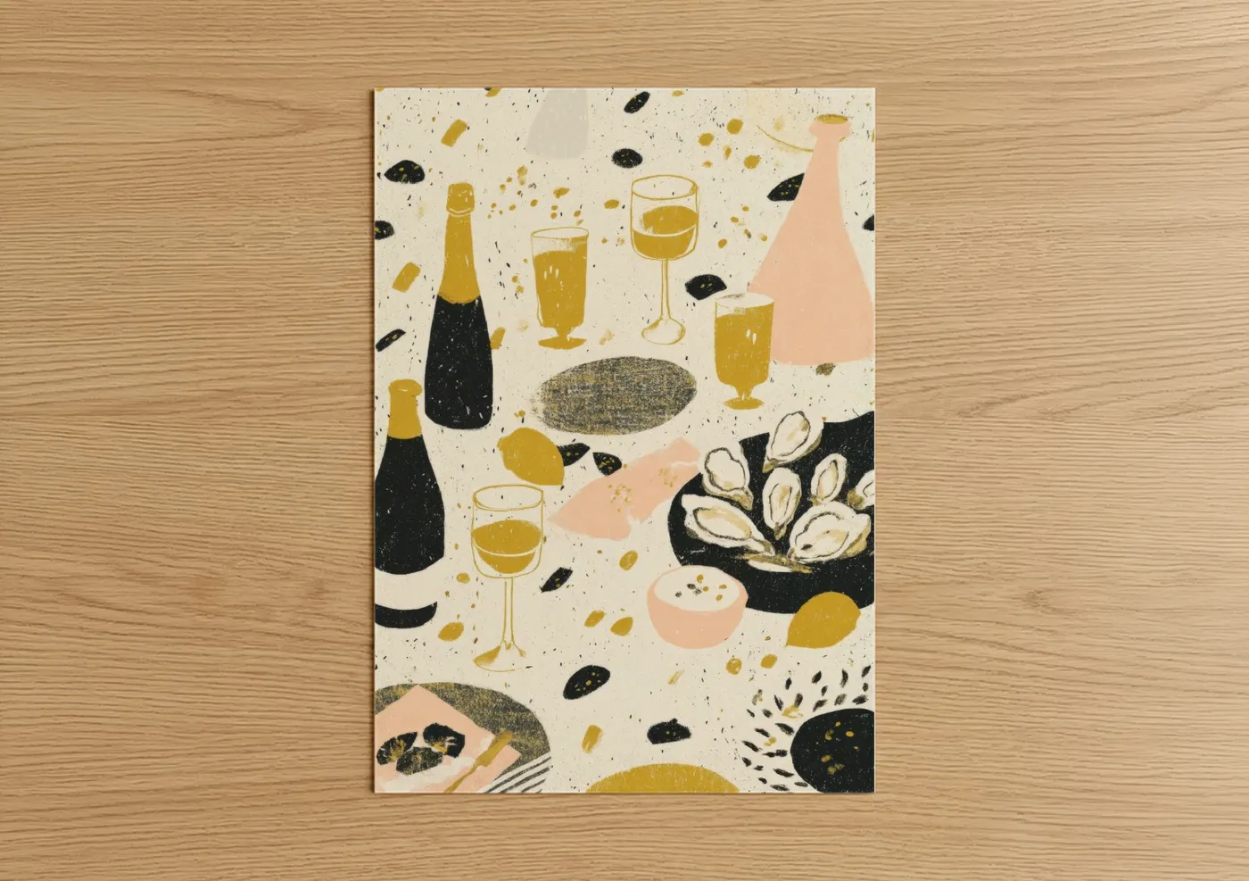 New years eve art print on warm oak wood — gold and black and gold palette — Champagne Celebration poster