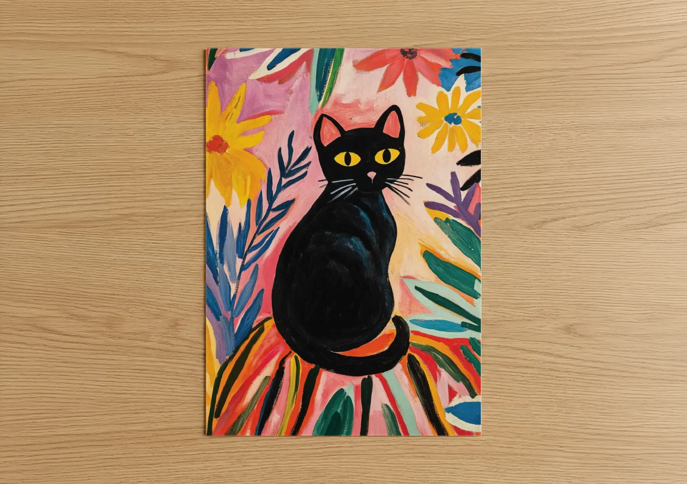 Black Cat Colorful Floral Wall Art