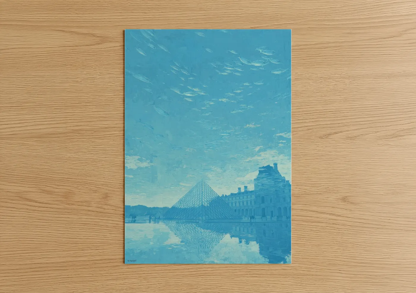 Pantheon art print on warm oak wood — blue and white palette — Blue Louvre Reflection poster